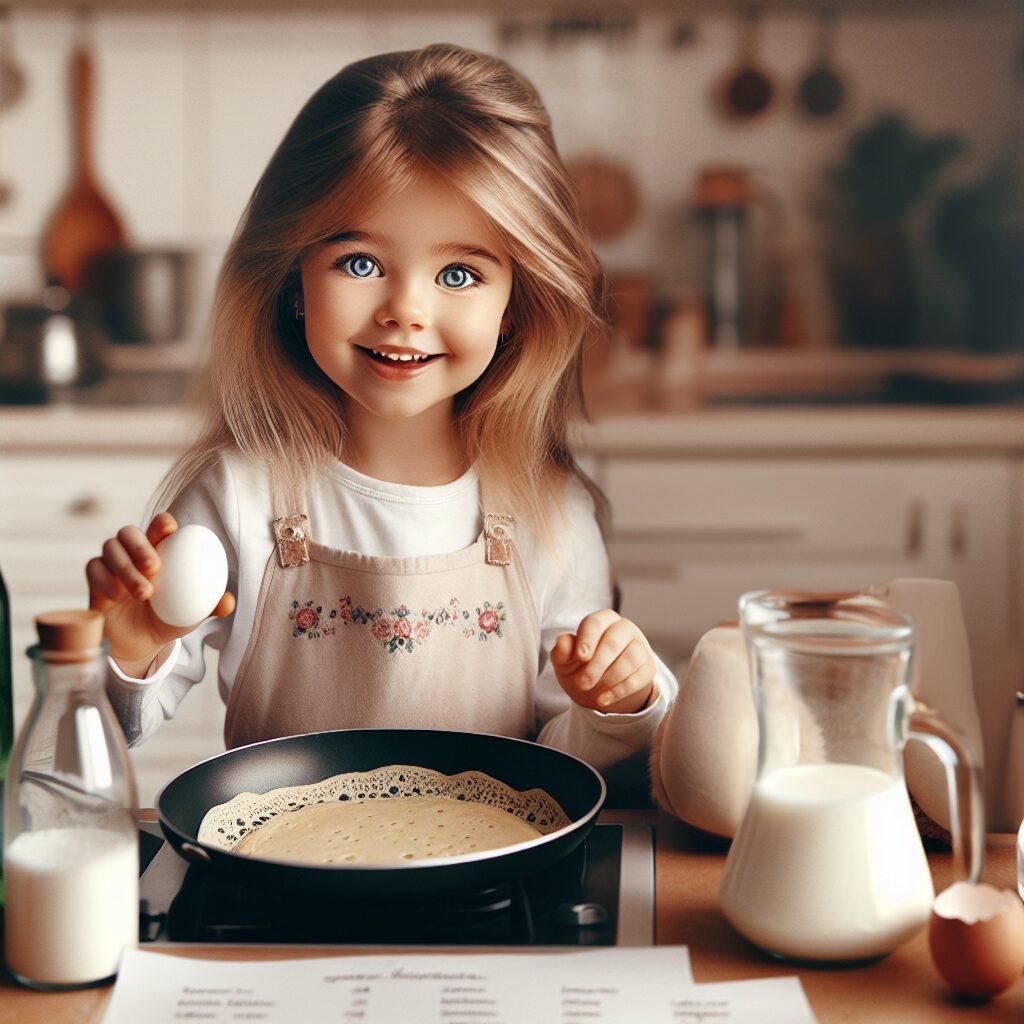 Fête de la Chandeleur - Une petite fille prépare des crêpes avec des oeufs, du lait, de la farine pour les Chicos de France